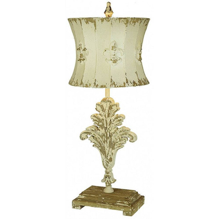 Provence Home Distressed Cream Carved French Fleur Wood Table Lamp With Metal Shade
