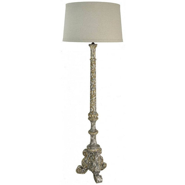 Provence Home Distressed French Grey & Gold Carved Wood Floor Lamp With Linen Shade