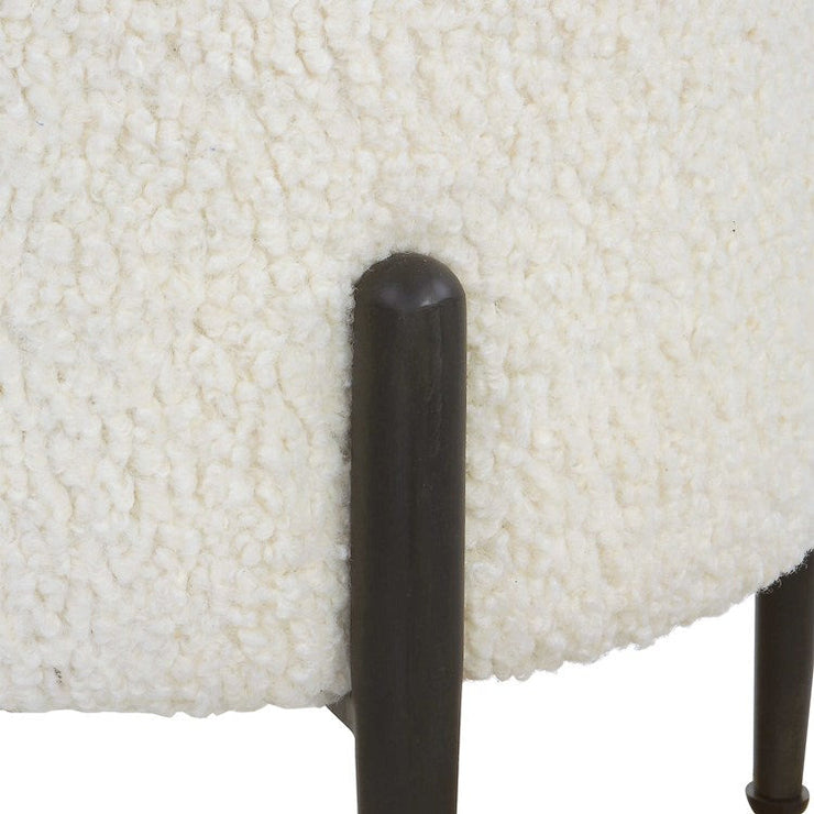Uttermost Arles White Faux Shearling Round Ottoman with Satin Black Metal Legs