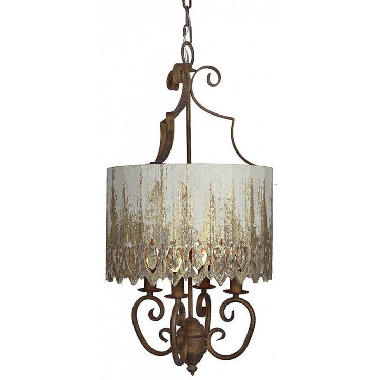 Provence Home Distressed Cream & Gold Carved Wood Shade Antiqued Metal Pendant Light Chandelier