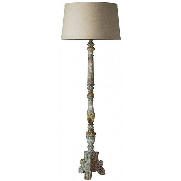 Provence Home Distressed French Grey & Gold Carved Wood Floor Lamp With Linen Shade