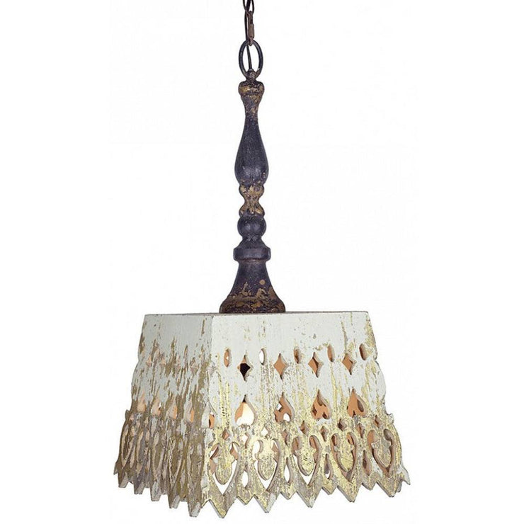 Provence Home Distressed Cream & Gold Carved Wood Shade Antiqued Metal Pendant Light Chandelier