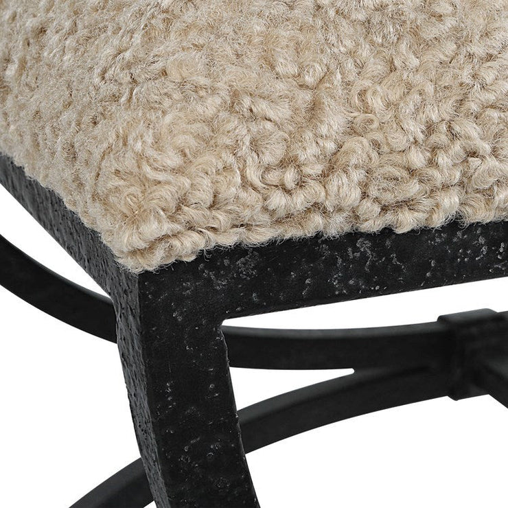 Uttermost Hacienda Latte Faux Shearling Fabric Cushion Seat Black Iron Small Bench