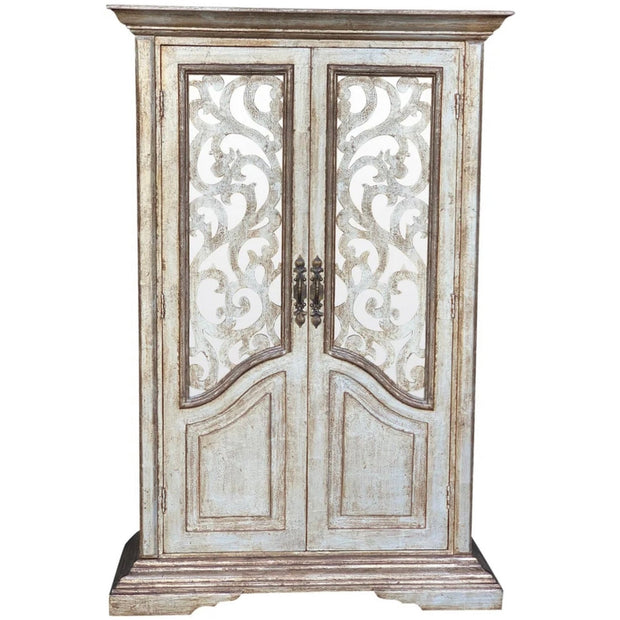 Casa Bonita Peruvian Hand-Painted Carved Wood and Antiqued Mirror Raquel Armoire