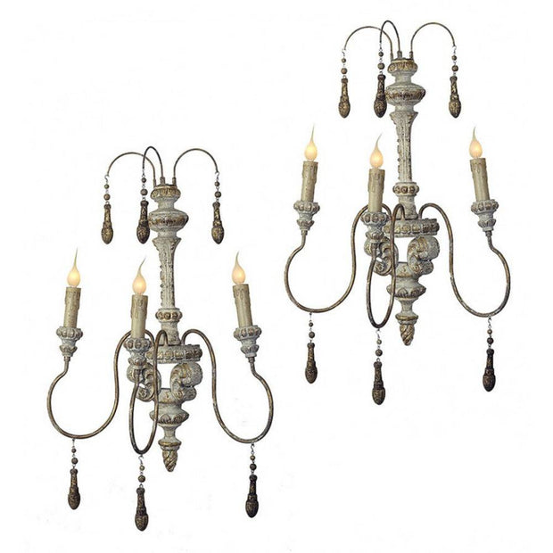 Provence Home Set of 2 Distressed French Grey, Blue & Gold Carved Wood Antiqued Metal Wall Sconces