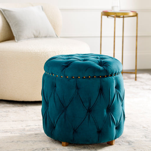 Surya Amana Modern Deep Teal Tufted Round Ottoman With Nailheads AAA-003