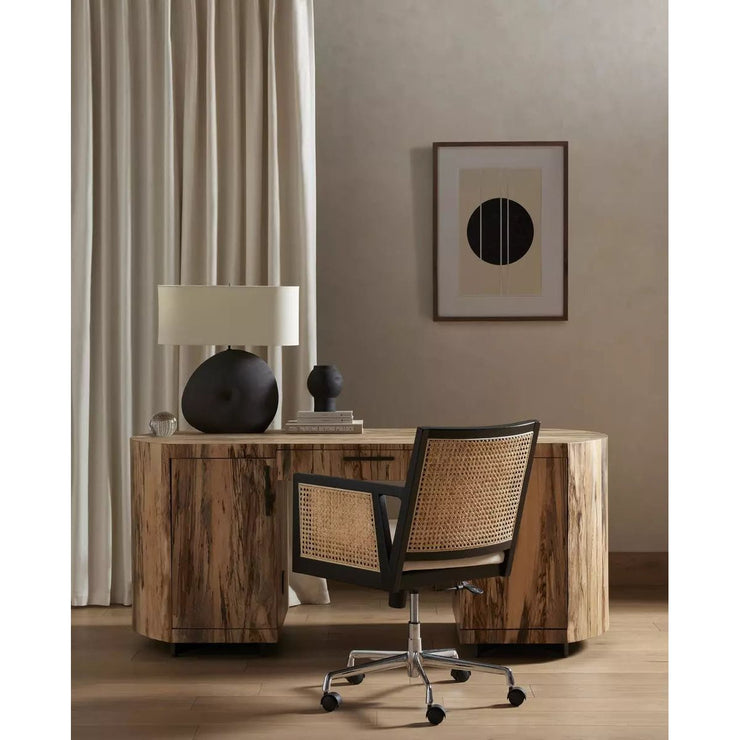 Four Hands Antonia Cane Arm Desk Chair With Casters  ~ Savile Flax Performance Fabric Seat and Brushed Ebony Wood