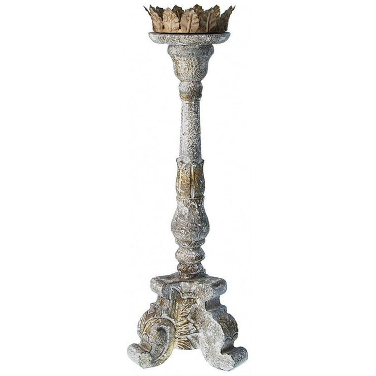 Provence Home Distressed French Grey & Gold Antiqued Carved Wood Candle Holder