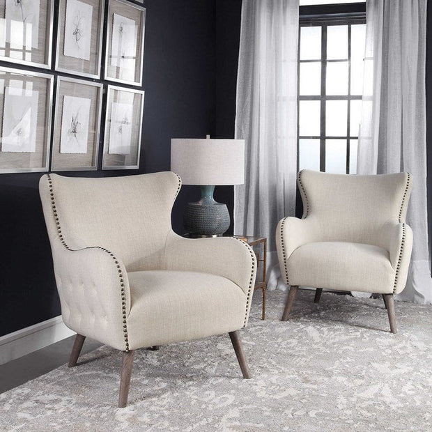 Uttermost Donya Cream Linen Accent Chair With Button Tufted Back