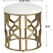 Uttermost Trellis Crisp White Fabric Cushion Seat Modern Brushed Brass Round Accent Stool