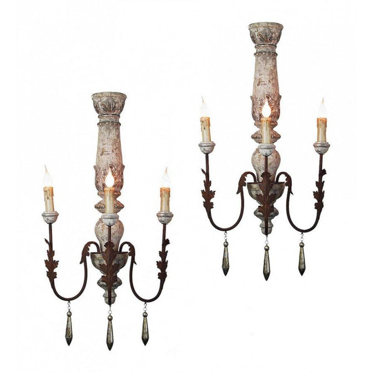 Provence Home Set of 2 Distressed French Grey & Silver Carved Wood Antiqued Metal Wall Sconces