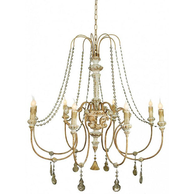 Provence Home Distressed Aged White & Gold Carved Wood Antiqued Metal 8 Arm Chandelier