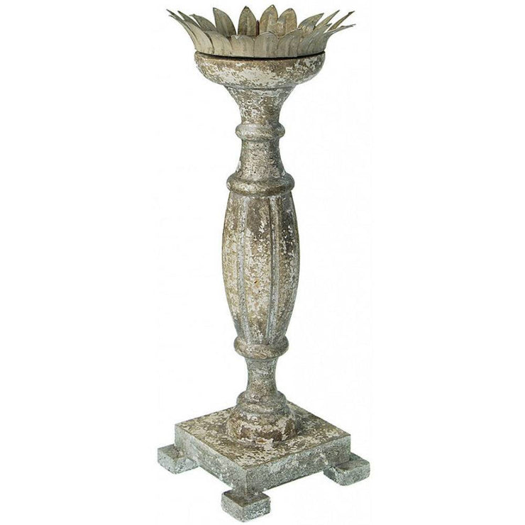 Provence Home Distressed French Grey & Brown Antiqued Carved Wood Candle Holder