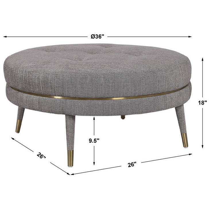 Uttermost Blake Plush Button Tufted Taupe-Brown Linen Modern Round Ottoman With Brushed Brass