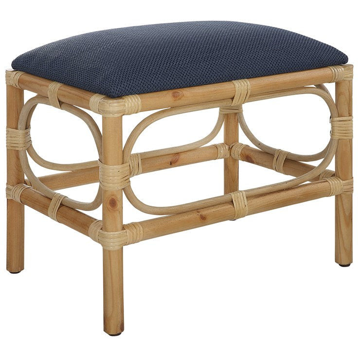 Uttermost Laguna Navy Blue Fabric Seat Cushion Coastal Rattan Small Bench