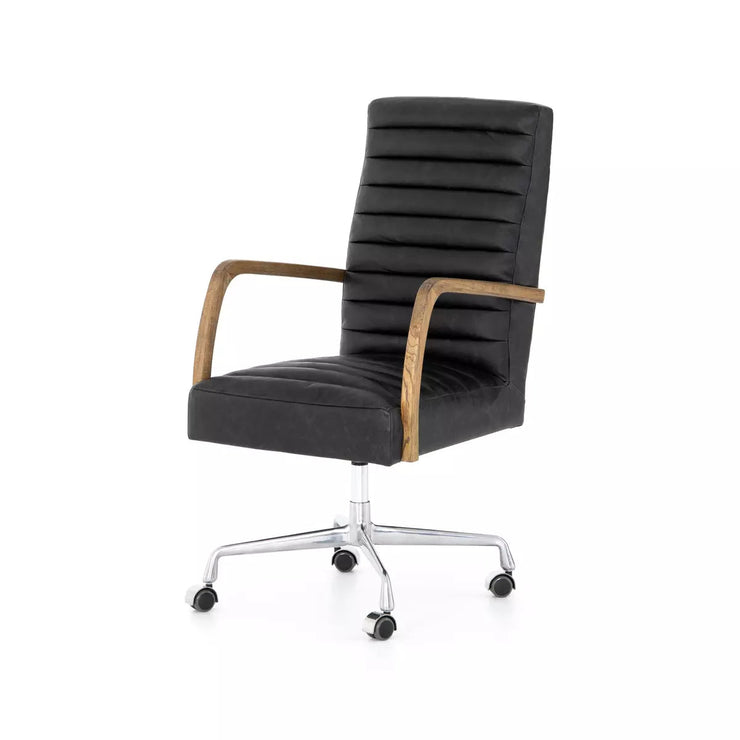 Four Hands Bryson Channeled Desk Chair With Casters ~ Durango Smoke Upholstered Leather