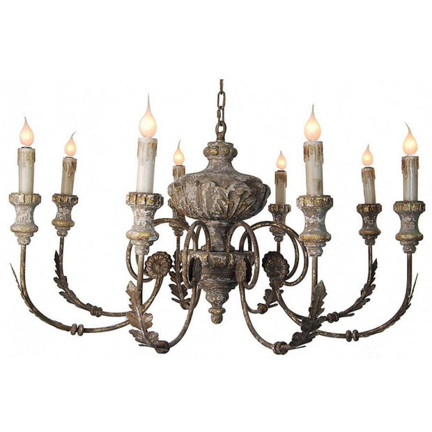 Provence Home Distressed Aged Taupe Carved Wood Antiqued Metal Chandelier
