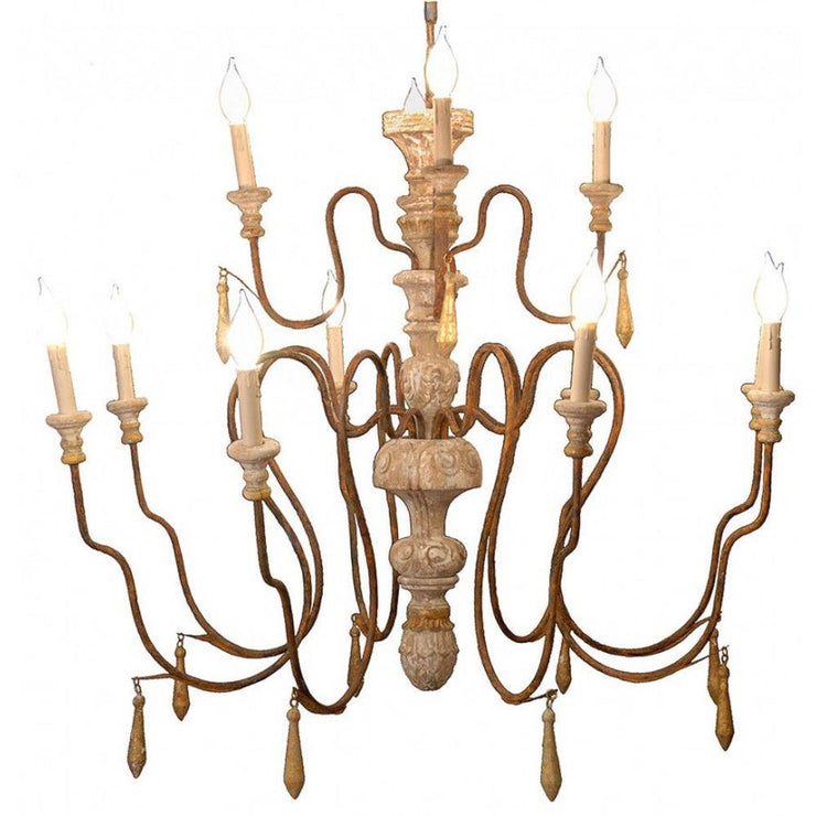 Provence Home Distressed Aged Gold & Aqua Accents Carved Wood Antiqued Metal 12 Arm Chandelier