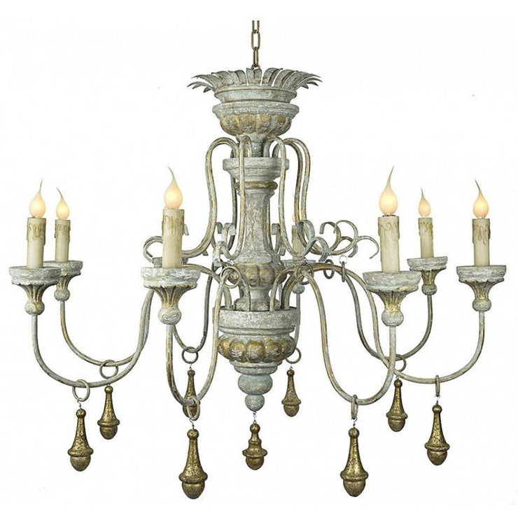 Provence Home Distressed French Blue, Grey & Gold Carved Wood Antiqued Metal 6 Arm Chandelier