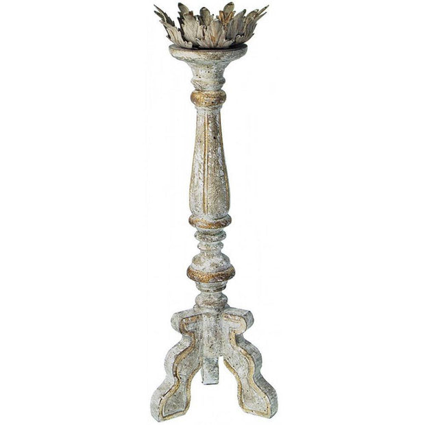 Provence Home Distressed French Blue, Grey & Gold Antiqued Carved Wood Candle Holder