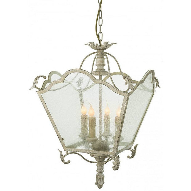 Provence Home Distressed Cream Carved Wood Antiqued Metal Lantern Chandelier With Seeded Glass Panels