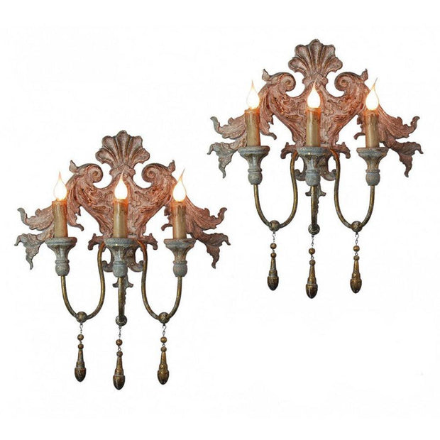 Provence Home Set of 2 Distressed French Blue & Gold Carved Wood Antiqued Metal Wall Sconces
