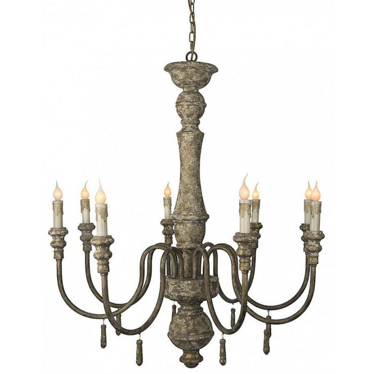 Provence Home Distressed Aged Gold & Charcoal Carved Wood Antiqued Metal 8 Arm Chandelier