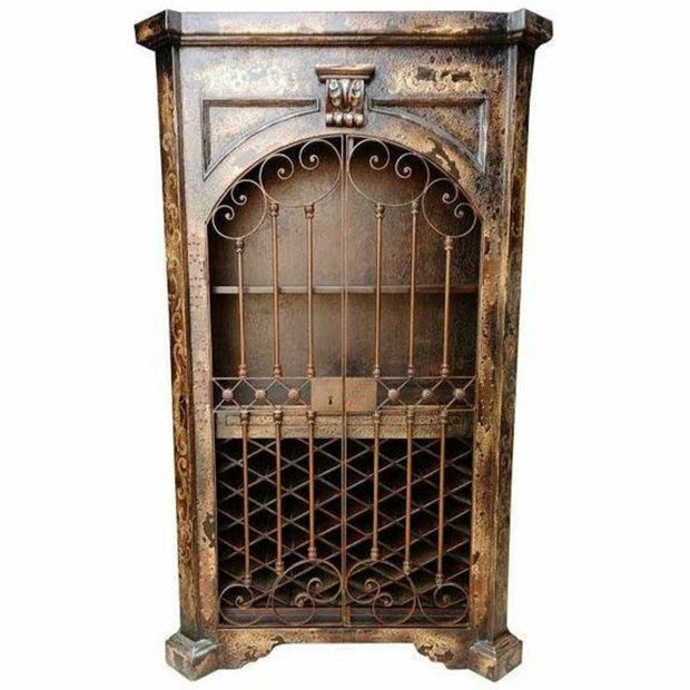 Casa Bonita Peruvian Hand-Painted Carved Wood and Hand Forged Iron Ica Wine Cabinet Armoire