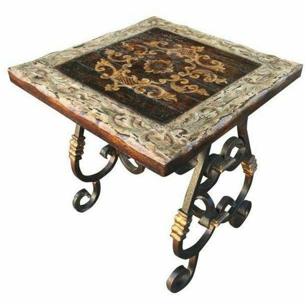 Casa Bonita Peruvian Hand-Painted Carved Wood and Hand Forged Iron Estancia End Table