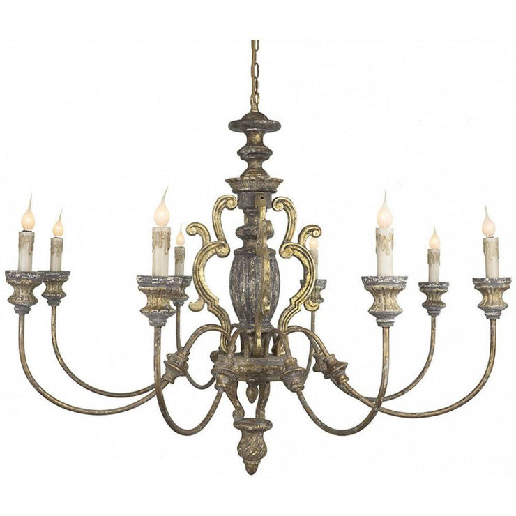 Provence Home Distressed Aged Gold Carved Wood Antiqued Metal 8 Arm Chandelier