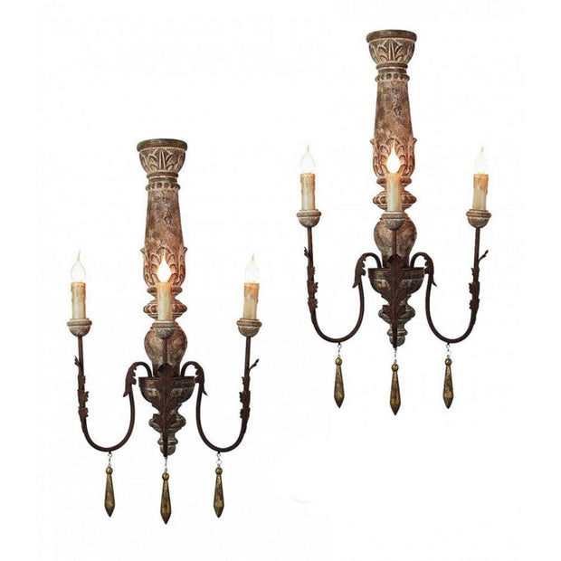 Provence Home Set of 2 Distressed Taupe Carved Wood Antiqued Metal Wall Sconces