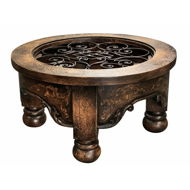 Casa Bonita Peruvian Hand-Painted Carved Wood and Hand Forged Iron Las Cruces Round Coffee Table