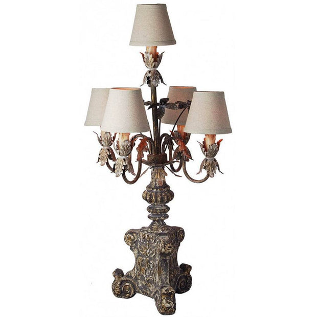 Provence Home Distressed Brown & Gold Carved Wood Candelabra Table Lamp With Antiqued Metal Arms