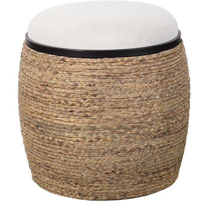 Uttermost Island Light Beige Cushion Seat Coastal Braided Straw Round Accent Stool