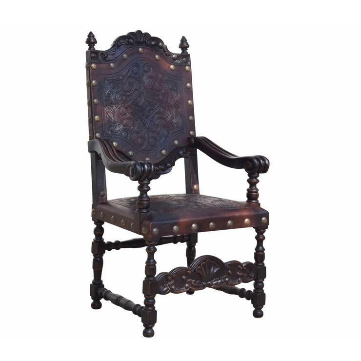 Casa Bonita Peruvian Hand-Painted Carved Wood Del Rey Hand Tooled Leather Large Dining Arm Chair