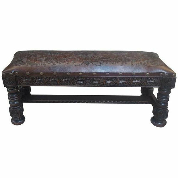 Casa Bonita Peruvian Hand-Painted  Carved Wood Hand Tooled Leather Bench