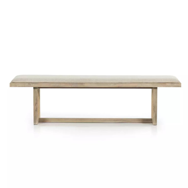 Four Hands Clarita Dining Bench ~ White Wash Mango With Thames Cream Performance Fabric Cushioned Seat