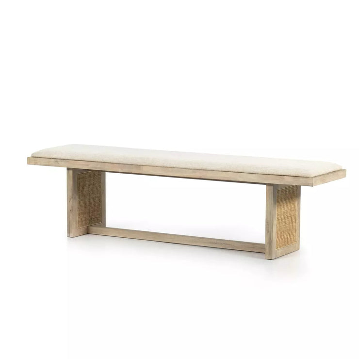 Four Hands Clarita Dining Bench ~ White Wash Mango With Thames Cream Performance Fabric Cushioned Seat