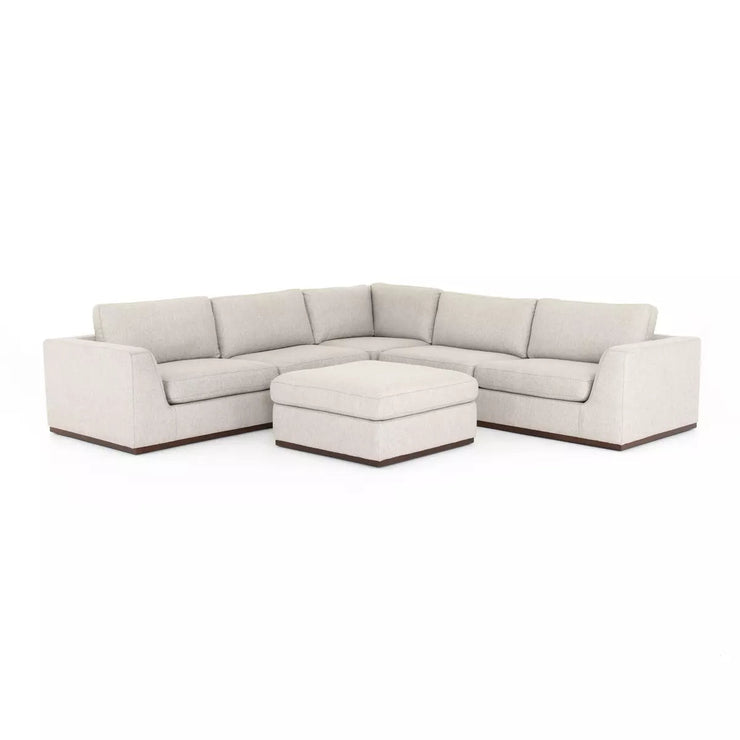 Four Hands Colt 3-Piece Sectional and Ottoman ~ Aldred Silver Upholstered Performance Fabric With Plinth Base