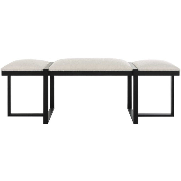 Uttermost Triple Cloud Textured White Performance Fabric Upholstered Seat Black Iron Bench