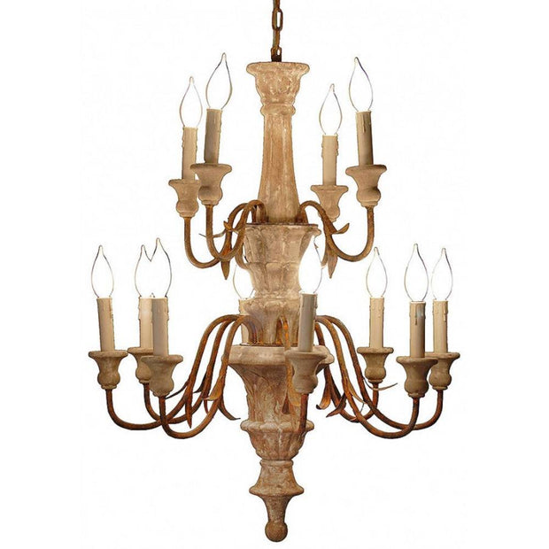 Provence Home Distressed Aged Taupe Carved Wood Antiqued Metal 12 Arm Chandelier