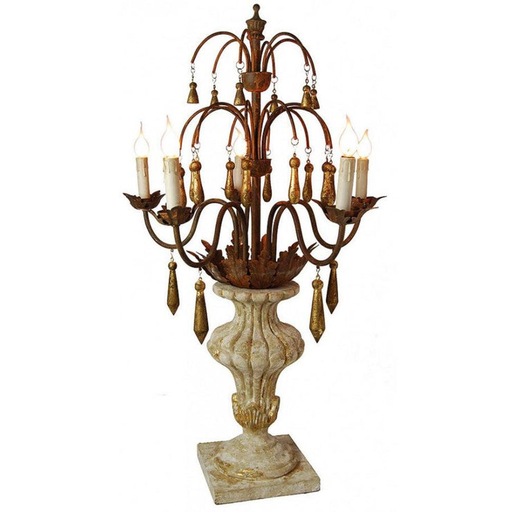 Provence Home Distressed Cream & Gold Carved Wood Candelabra With Antiqued Metal Arms