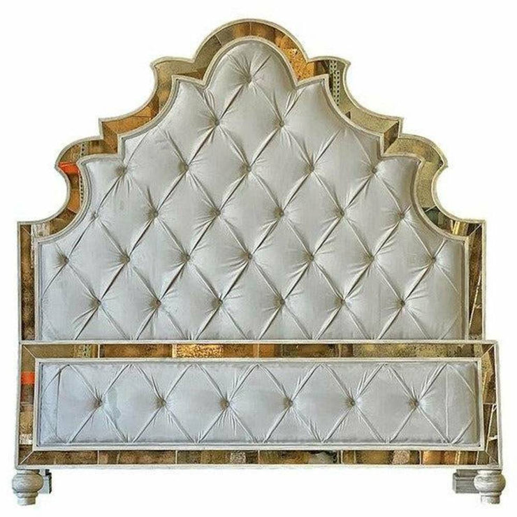 Casa Bonita Peruvian Hand-Painted Carved Wood Antiqued Mirror and Tufted Linen Grace King Size Bed