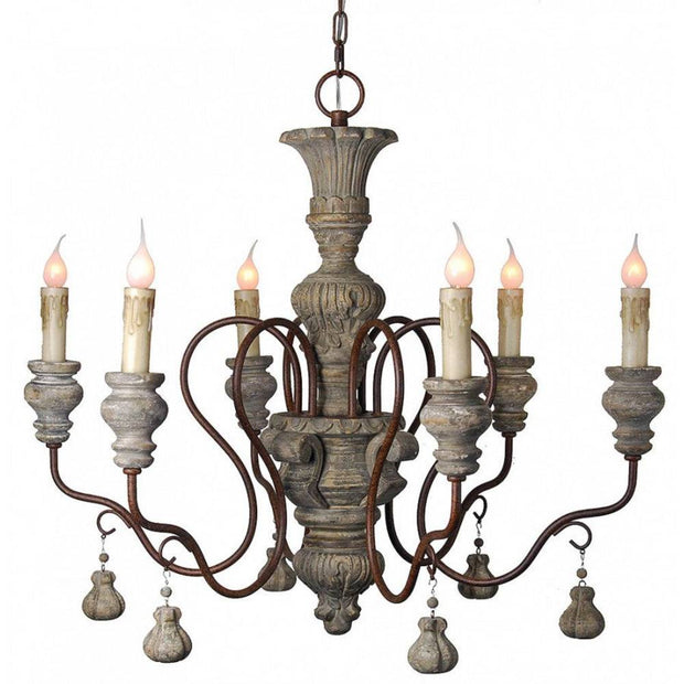Provence Home Distressed Aged Carved Wood Antiqued Metal 6 Arm Chandelier
