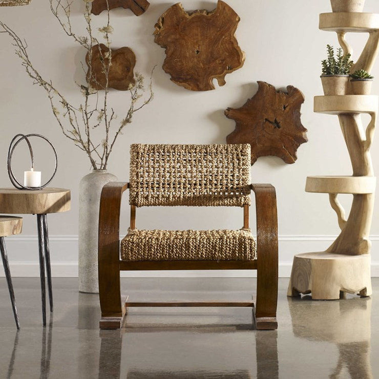 Uttermost Rehema Modern Bohemian Natural Woven Seat with Curved Wood Frame Accent Armchair