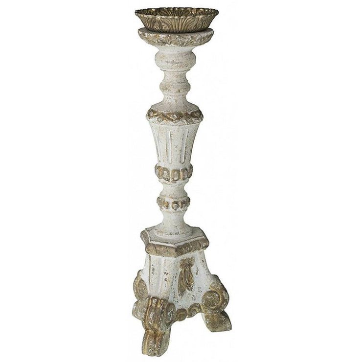 Provence Home Distressed White & Gold Antiqued Carved Wood Candle Holder