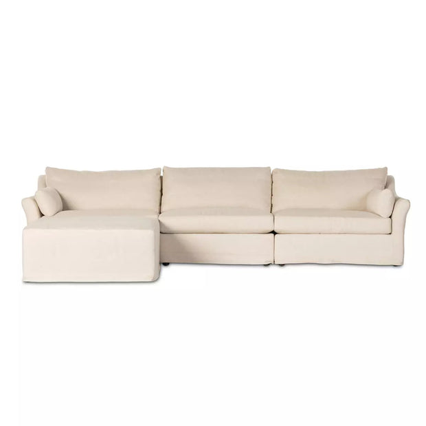 Four Hands Delray 3 Piece Slipcovered Sectional Sofa With Ottoman ~ Evere Creme Performance Fabric Slipcover