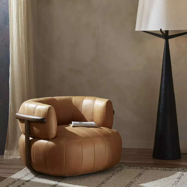 Four Hands Doss Swivel Chair ~ Palermo Cognac Channeled Top Grain Leather