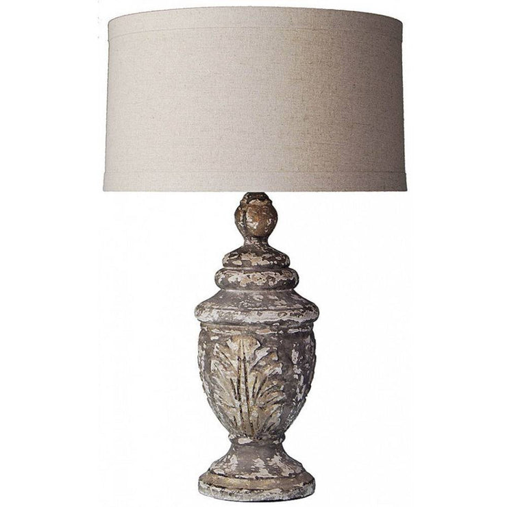 Provence Home Antiqued French Grey Carved Wood Table Lamp With Linen Shade