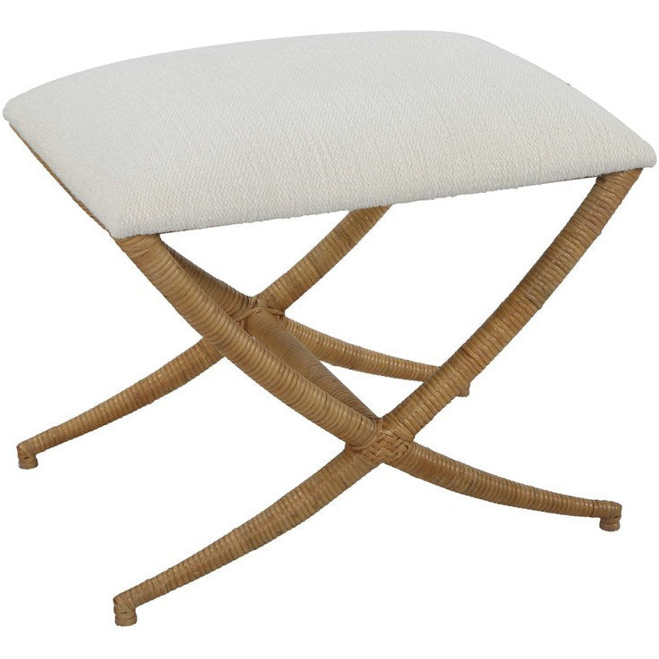 Uttermost Expedition Textured White Performance Fabric Upholstered Seat Natural Rattan Bench